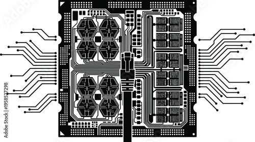 Intricate circuit board layout with complex electronic components and pathways