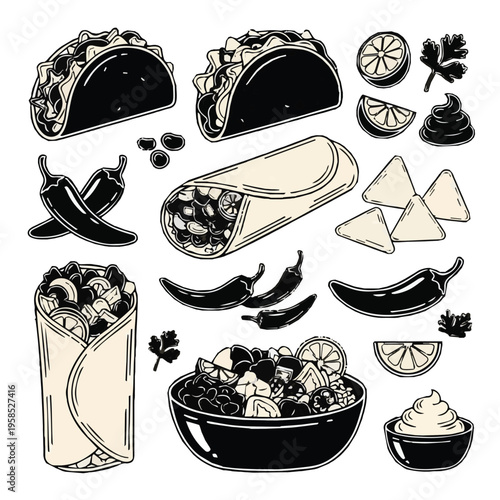 Mexican food illustrations including tacos and burritos
