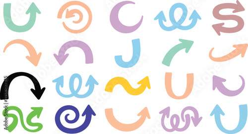 Colorful collection of various arrow and loop symbols with different orientations and styles