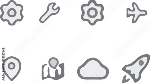 Eight icons representing various tools, services, and functionalities in a minimalist design style