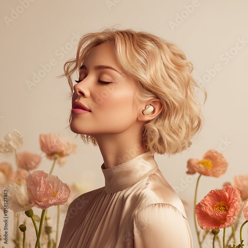 Elegant woman with closed eyes enjoying calm moment in floral setting,Skincare and wellness concept with calm woman in soft floral background,Natural beauty portrait with woman relaxing among blooming