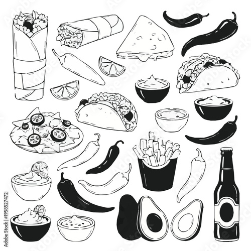 Variety of sushi and japanese food items illustrated
