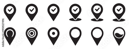  GPS navigation map pins with checkmark icons for destination reached. vector illustration eps 10