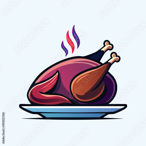 Roasted Turkey on a Plate with Steam Illustration.