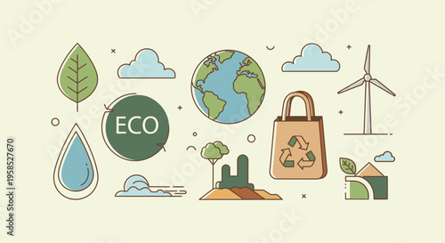 Eco-friendly living concept with earth, leaf, wind turbine, and reusable bag