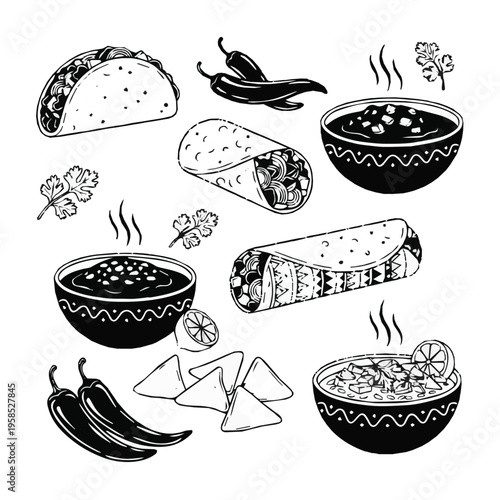 Mexican food illustration with tacos burritos and chili bowls