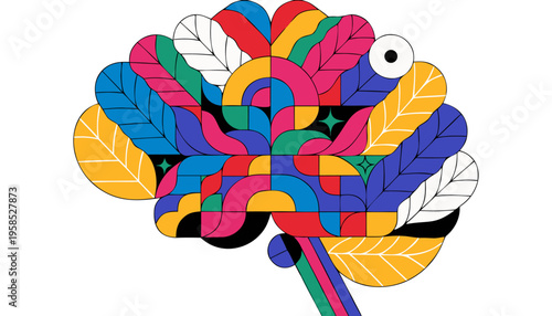 Abstract Vector Illustration of Human Brain as Colorful Organised Garden with Flowers and Foliage representing Mental Wellness