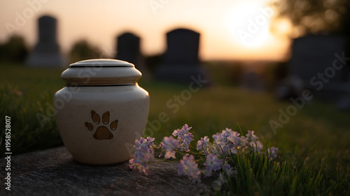 Ceramic pet urn with paw print and delicate flowers in a serene cemetery at sunset, symbolizing pet loss, remembrance, and enduring love