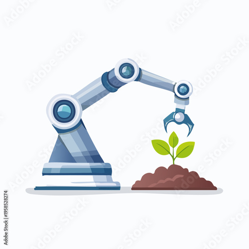 Robotic arm planting a seedling in the soil, agriculture concept.
