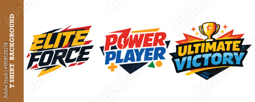 Colorful dynamic gaming text logo designs for elite force power player and ultimate victory themes isolated on transparent background great for esports t shirts posters and banners