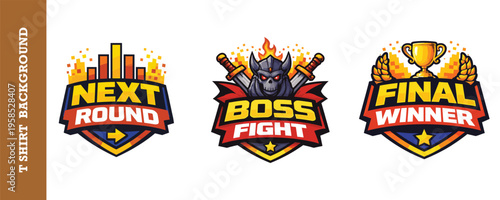 Colorful gaming logo badges collection with next round boss fight and final winner designs isolated on transparent background perfect for esports tournaments and video game events