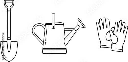 A collection of essential gardening tools including a shovel, a watering can, and protective gloves for planting and cultivation.