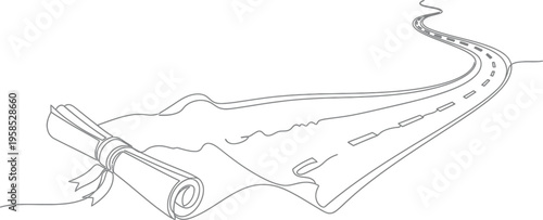 Conceptual continuous line drawing illustrating education leading to a winding path of future opportunities and success
