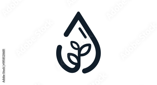 A stylized illustration of a water droplet with a leafy plant sprouting inside, set against a clean white background, showcasing a nature-inspired design element.