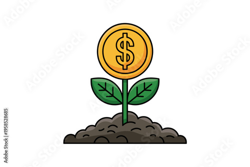 Cartoon dollar coin growing on a plant in soil