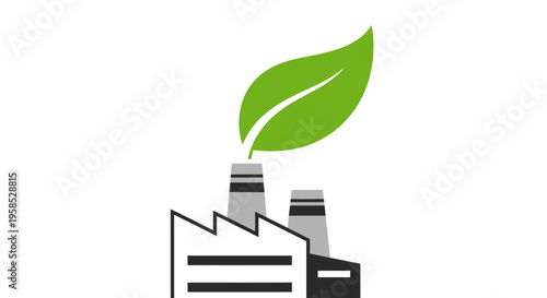 A factory emits a green leaf from its smokestack in an industrial landscape with environmental concern and sustainable practices.