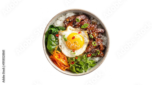 Delicious Korean bibimbap with rice and fried egg