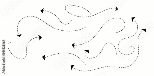 Hand drawn dot arrow vector set. Curved dotted arrow. Dotted broken arrows. Doodle curves, dots, wavy lines.