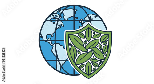 A shield with green leaves overlaps a blue globe map.