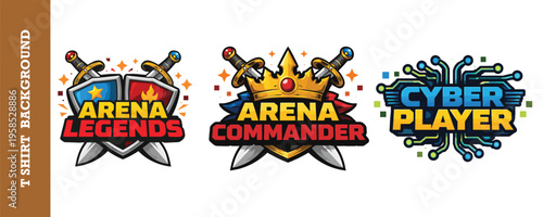 Colorful gaming logo designs featuring shields swords crowns and futuristic cyber elements for esports teams and players