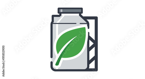 A sustainable illustration of a milk bottle with a green leaf on its label, symbolizing eco-friendly packaging in a modern setting.
