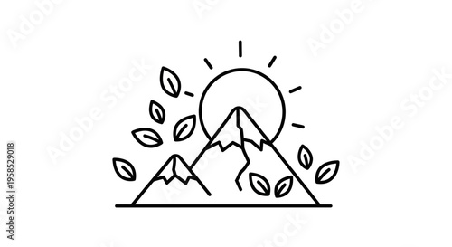 Mountain landscape with sunrise and leaves on a scenic view outdoors