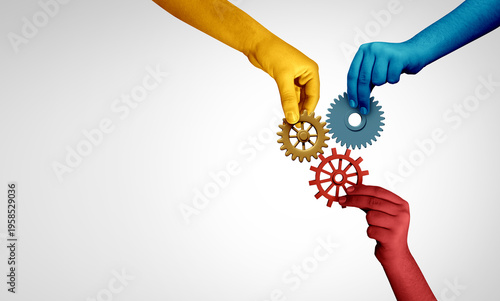 Three Person Team to connect as a group concept and unity or trio teamwork idea as a business metaphor for joining a trilateral partnership as diverse people connected together as a corporate symbol f