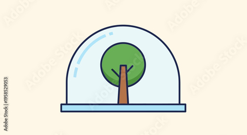 A minimalist, stylized illustration of a tree under a protective glass cloche on a flat surface, rendered in a modern, simple flat design style, symbolizing preservation and conservation.