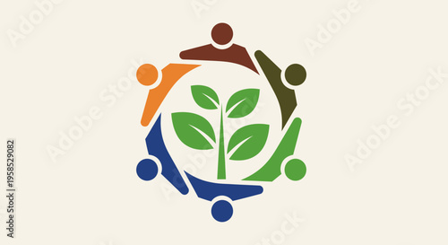 Diverse people forming a circle around a plant with leaves, symbolizing unity, eco-friendliness, and teamwork in a minimalist abstract logo design