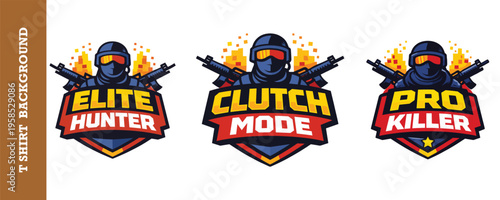 Colorful gaming logo designs featuring soldiers with futuristic gear and bold typography labels isolated on transparent background great for esports teams or gaming clans