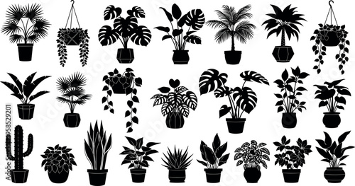 Houseplant Silhouette Collection with Potted Monstera, Palm, Cactus and Hanging Plants, Indoor Botanical Greenery Vector Set for Modern Interior 