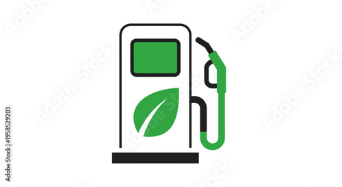 Eco-friendly fuel pump with green leaf logo, symbolizing sustainable energy and environmentally responsible gasoline station, modern minimalist design