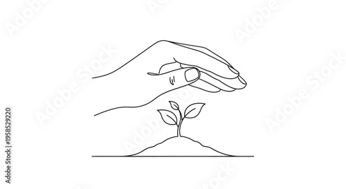 Minimalist line drawing of a nurturing hand shielding a small sprouting plant with two leaves from above, symbolizing growth and protection in a simple artistic style.
