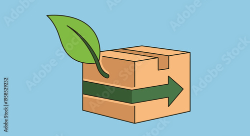 Minimalist eco-friendly cardboard box with green leaf and arrow on light blue background, symbolizing sustainable packaging and environmentally friendly shipping