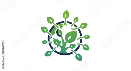 Eco-friendly logo with green leaves growing around a circular blue arrow on white background, symbolizing sustainability and environmental conservation in a minimalist modern artistic style.