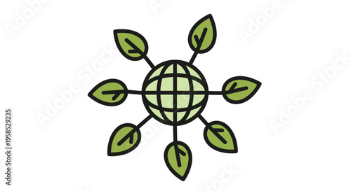 A stylized minimalist line art icon of a globe with green leaves sprouting from it symbolizing eco-friendly global connection and harmony with nature on a white background.