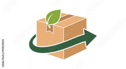 Eco-friendly package delivery concept with cardboard box and green leaf, symbolizing sustainable shipping and recycling, minimalistic flat design style.