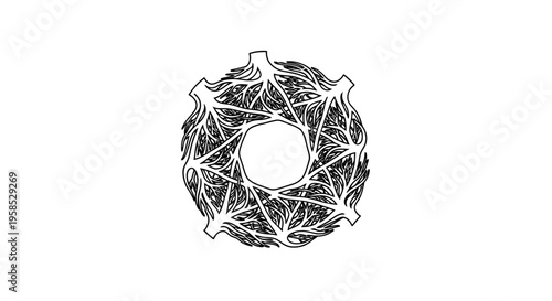 A futuristic line art gear or cogwheel with a web-like design on a white background, in a modern abstract artistic style, technology concept