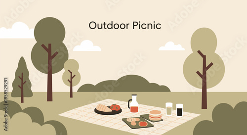 People enjoy outdoor picnic with food and drinks in nature surrounded by trees