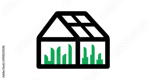 A minimalist line drawing of a greenhouse with a solar panel roof and green plants or bars inside, symbolizing eco-friendly sustainable gardening and renewable energy in a modern architectur