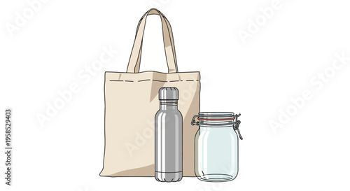 Eco-friendly reusable canvas tote bag with metal water bottle and glass mason jar for sustainable living and zero waste