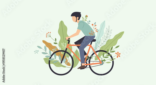 Man riding bicycle surrounded by colorful plants and flowers in a modern minimalist flat design style for eco friendly transportation concept