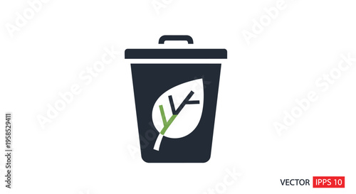 Eco friendly recycling bin with leaf symbol vector graphic, minimalist design, green initiative, waste management, sustainable living concept, modern trash can
