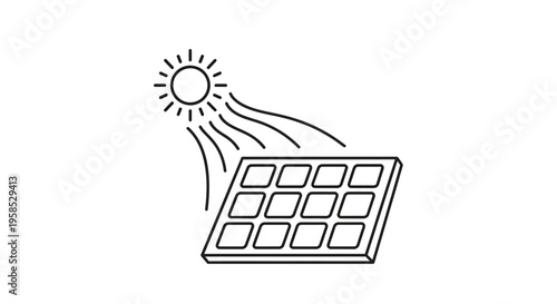Minimalist line drawing of solar panel with sun's rays, simple black outline on white background, eco-friendly renewable energy concept