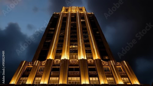 A tall art-deco skyscraper glows with vertical gold lights; warm illumination frames the façade as dusk clouds swirl, creating a dramatic city silhouette