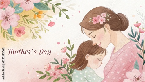 Heartwarming Mother's Day Illustration with Floral Accents and a Mother Embracing Daughter