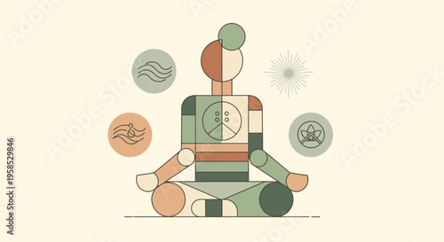 A person meditates peacefully surrounded by floating icons in a serene environment.
