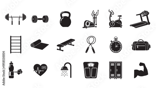 A collection of flat, monochromatic gym and fitness icons, including dumbbells, treadmills, and barbells, isolated on white.
