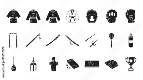 A diverse set of flat-design icons representing various sports equipment and activities, isolated on white background.