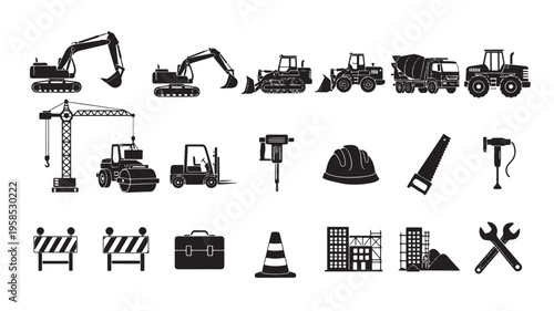 construction and roadwork equipment set flat design vector illustration